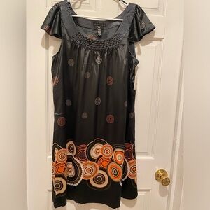 Apostrophe Black Dress with Orange and Brown Accents